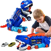 Zabawki konstrukcyjne - Mega Dinozaur Transporter T-Rex 3w1 Tor Wyścigowy + 2 Metalowe Resoraki - miniaturka - grafika 1