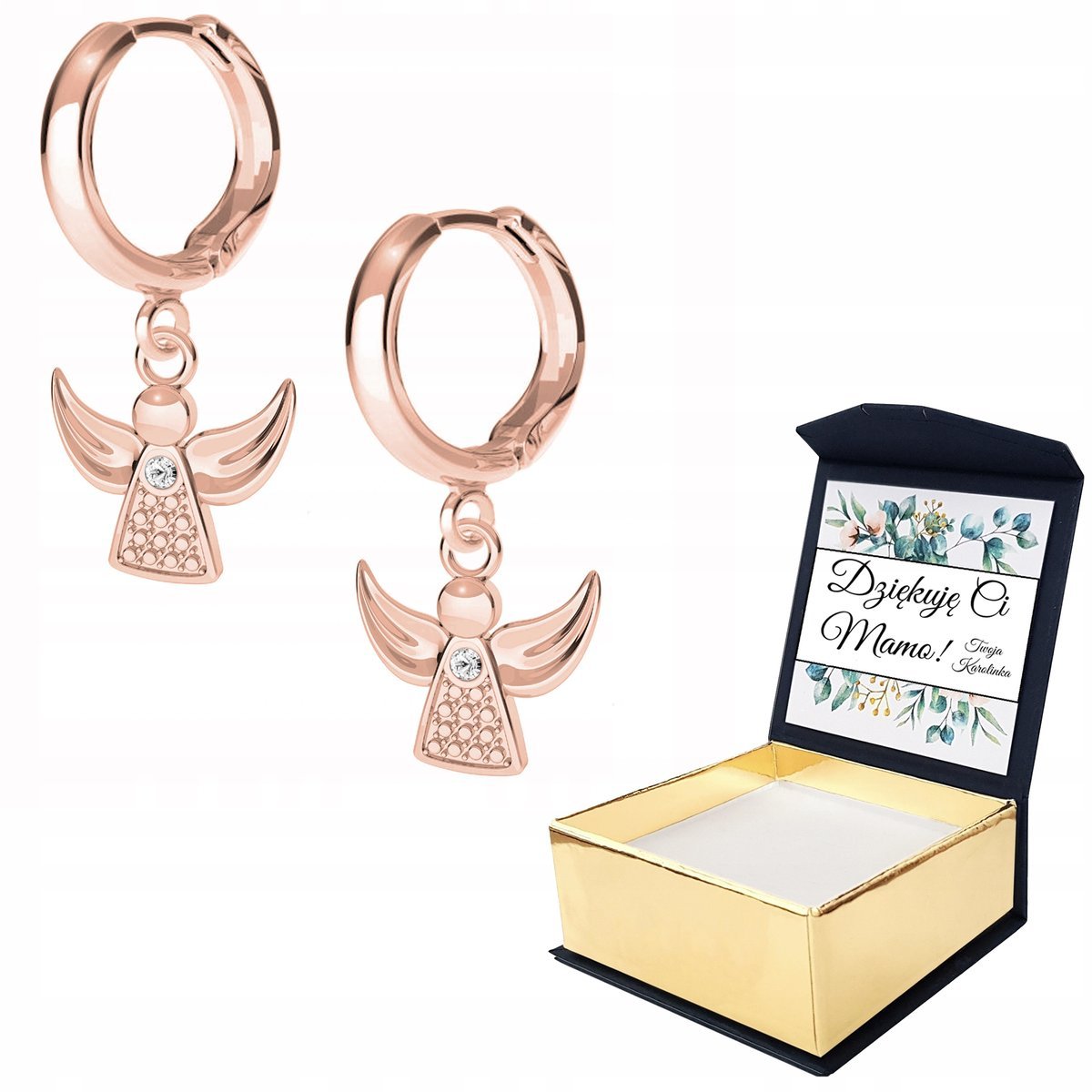 Kolczyki różowe złoto Anioł Aniołek WŁASNY NADRUK