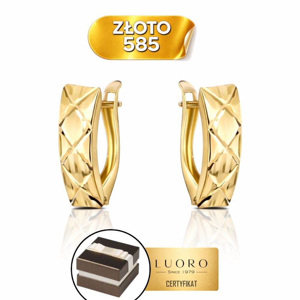 KOLCZYKI ZŁOTE 585 14K ROMBY DIAMENTOWANE 14 MM ANGIELSKIE ZAPIĘCIE