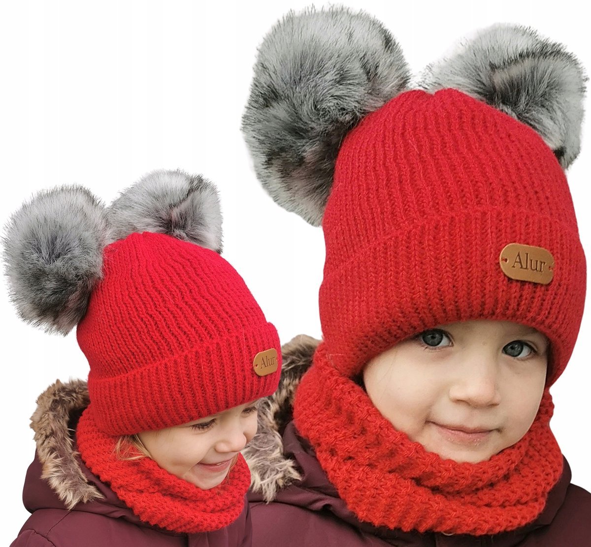 CZERWONA Zimowa ciepła CZAPKA Z KOMINEM komplet