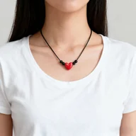 Naszyjniki - TEMU czerwona naszyjnik z zawieszką w kształcie z czerwonym sercem i czarnymi okrągłymi koralikami, stylowy i uniwersalny do noszenia na co dzień, - miniaturka - grafika 1