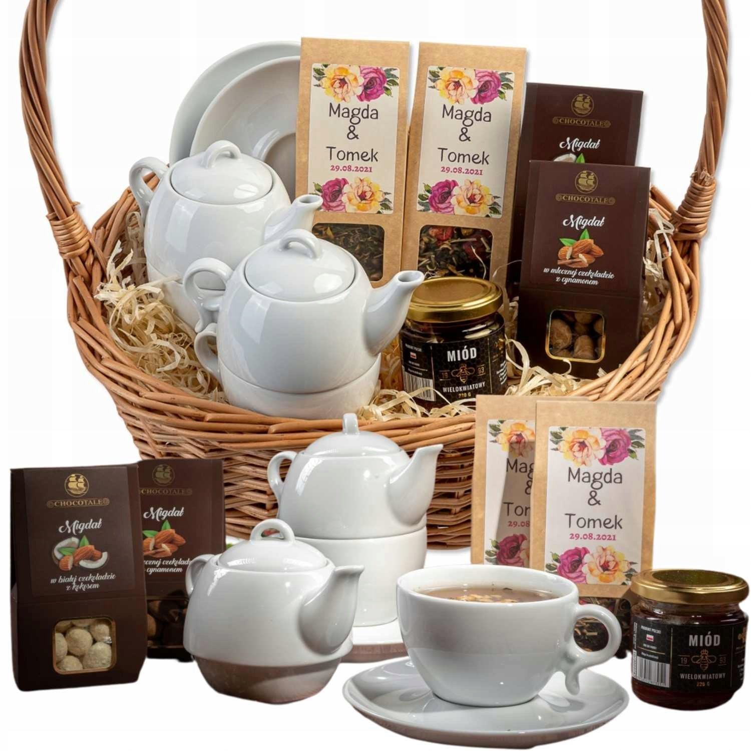 Kosz Prezentowy Duży Zestaw Herbat Dzbaneki Miód Słodycze Na Urodziny Ślub
