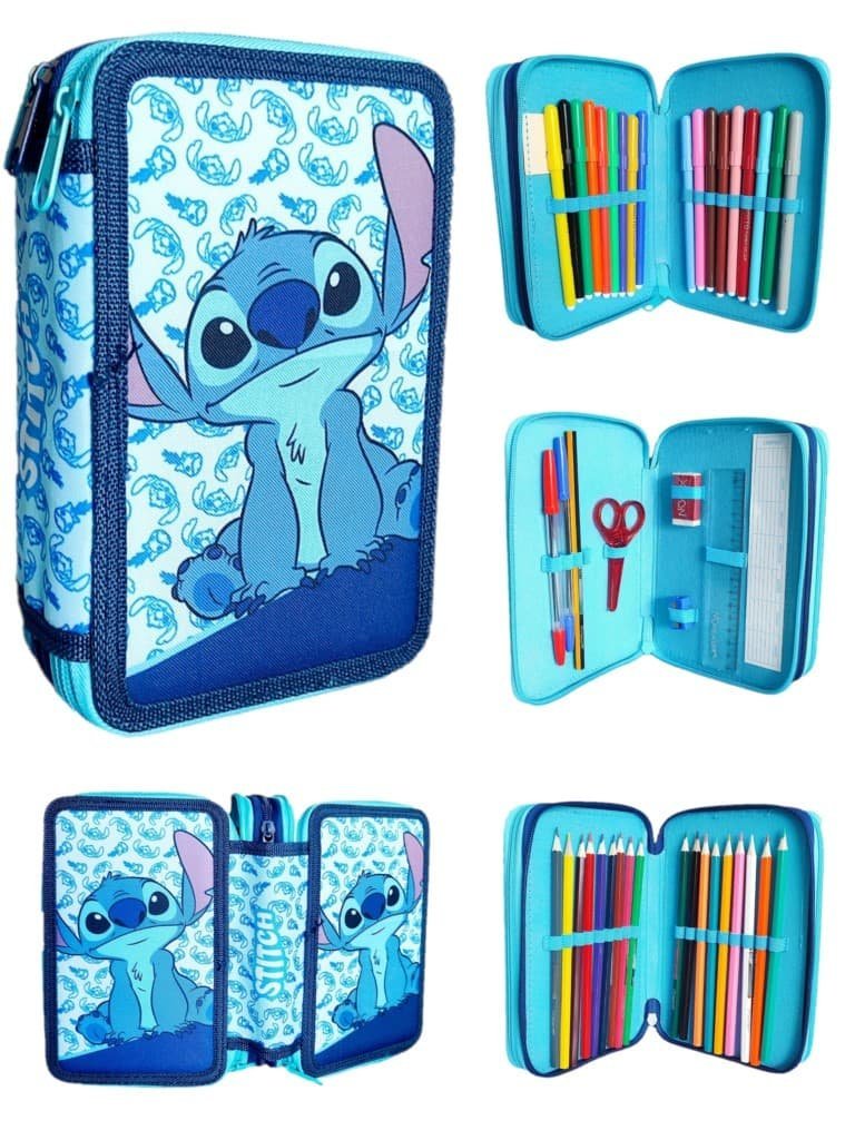 Piórnik szkolny z wyposażeniem trzykomorowy Stitch