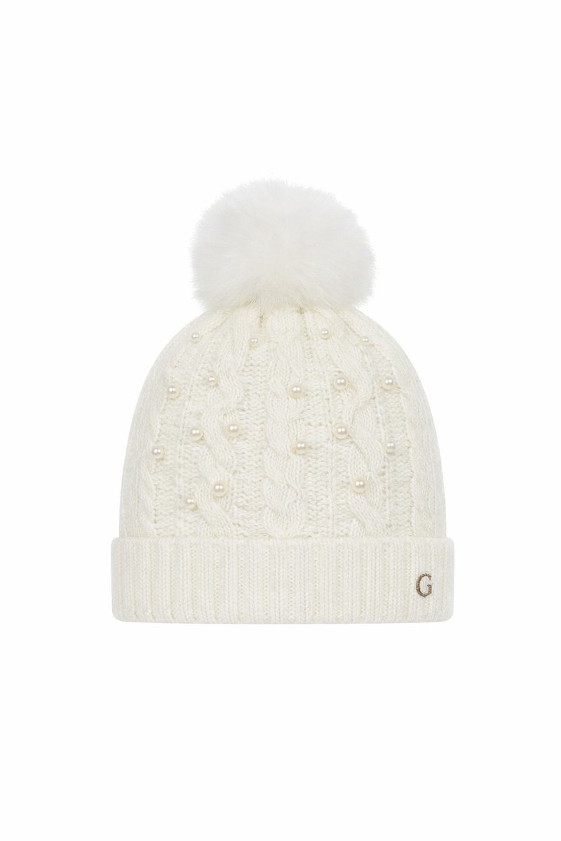 GUESS BEŻOWA CIEPŁA CZAPKA Z POMPONEM I DODATKIEM PEREŁEK M I4A