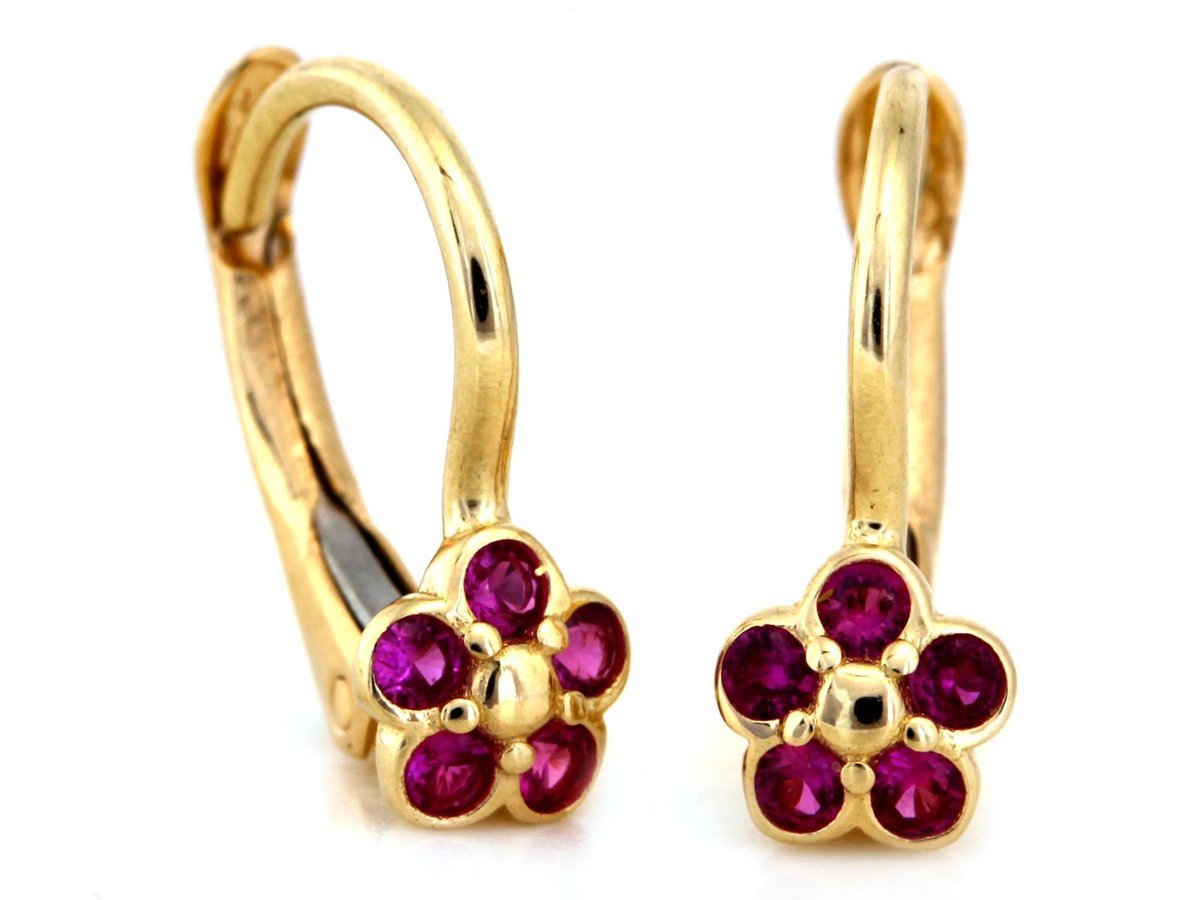 Kolczyki złote 585 angielskie zapięcie kwiatki z czerwonymi cyrkoniami 1.17g