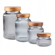 Pojemniki kuchenne - 4x POJEMNIKI SZKLANE RYFLOWANE SŁOIK Z DREWNIANĄ POKRYWKĄ DO PRZECHOWYWANIA - miniaturka - grafika 1