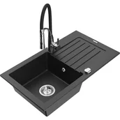 Zlewozmywaki z baterią - Mexen Pablo zlewozmywak granitowy 1-komorowy z ociekaczem i baterią kuchenną Aster, czarny/srebrny metalik - miniaturka - grafika 1