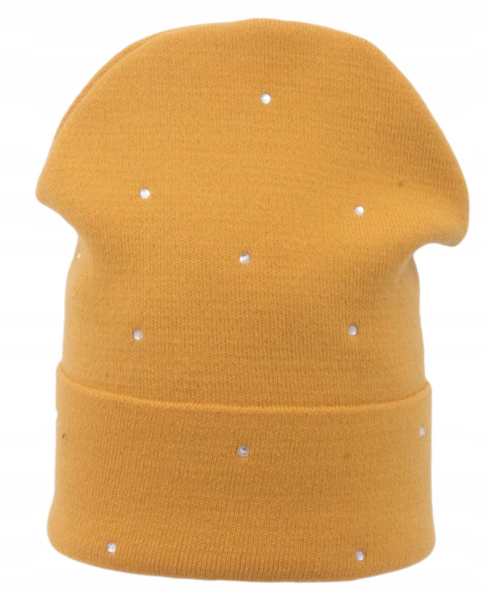 Czapka Damska Jesienna Zimowa Zdobiona Cyrkoniami Wywijana Miodowa