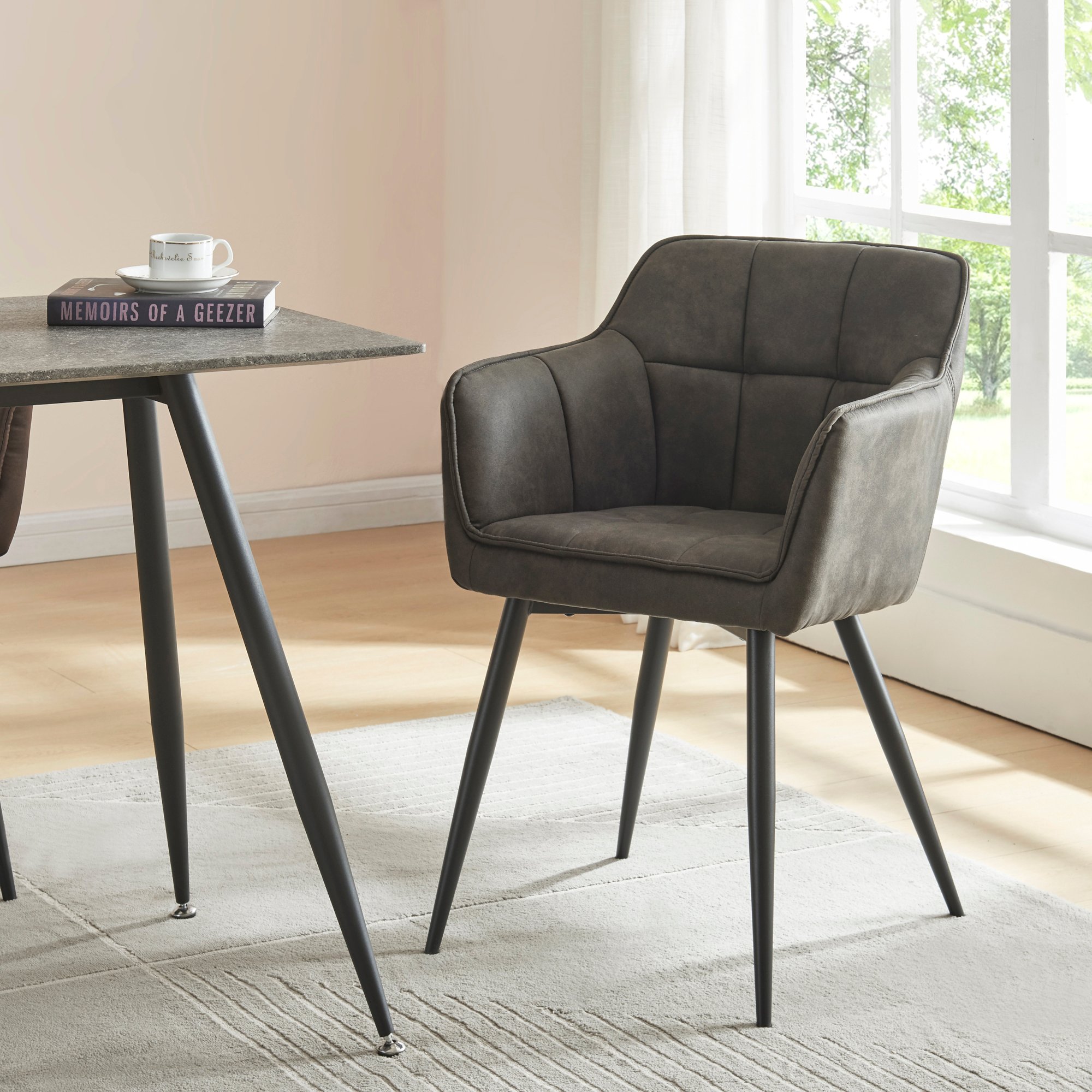 Krzesło do jadalni 'Birmingham' z tapicerowanymi podłokietnikami i stalowymi nogami w kolorze ciemnoszarym