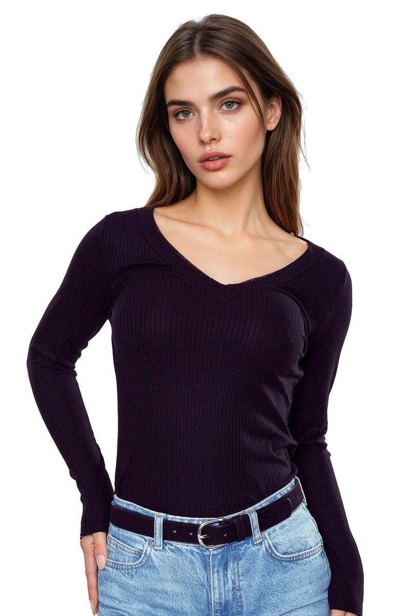 Koszulka damska z długim rękawem z prążkowanej wiskozy Eleonor czarna 3XL