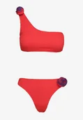 Stroje kąpielowe - Czerwone Bikini z Asymetrycznym Topem i Figami z Kwiatową Aplikacją Rivannie - miniaturka - grafika 1