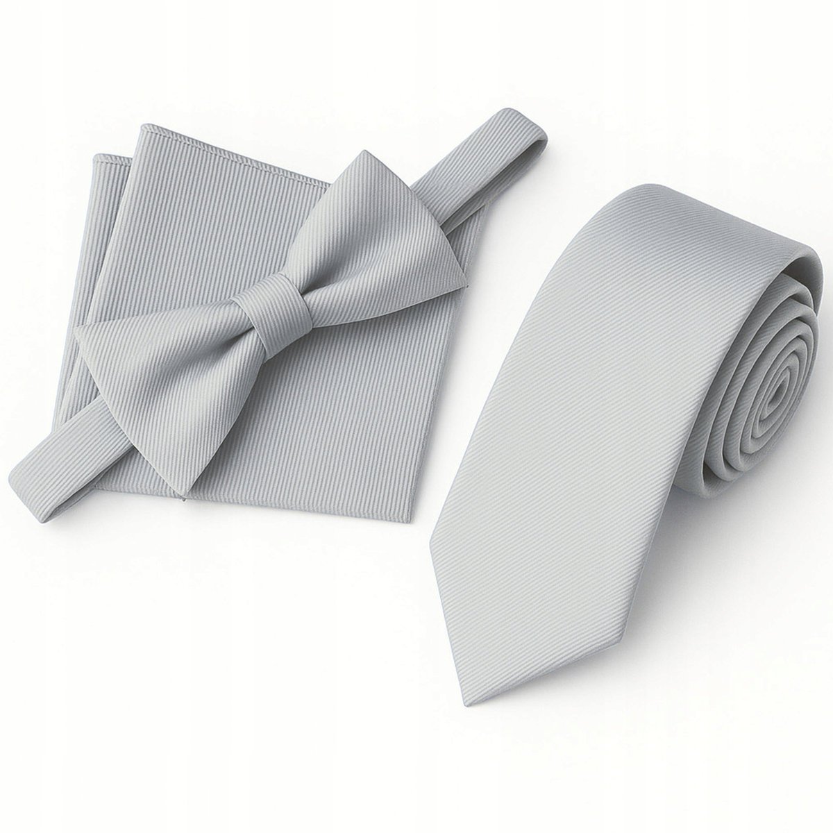 Zestaw krawat + mucha + poszetka - szary