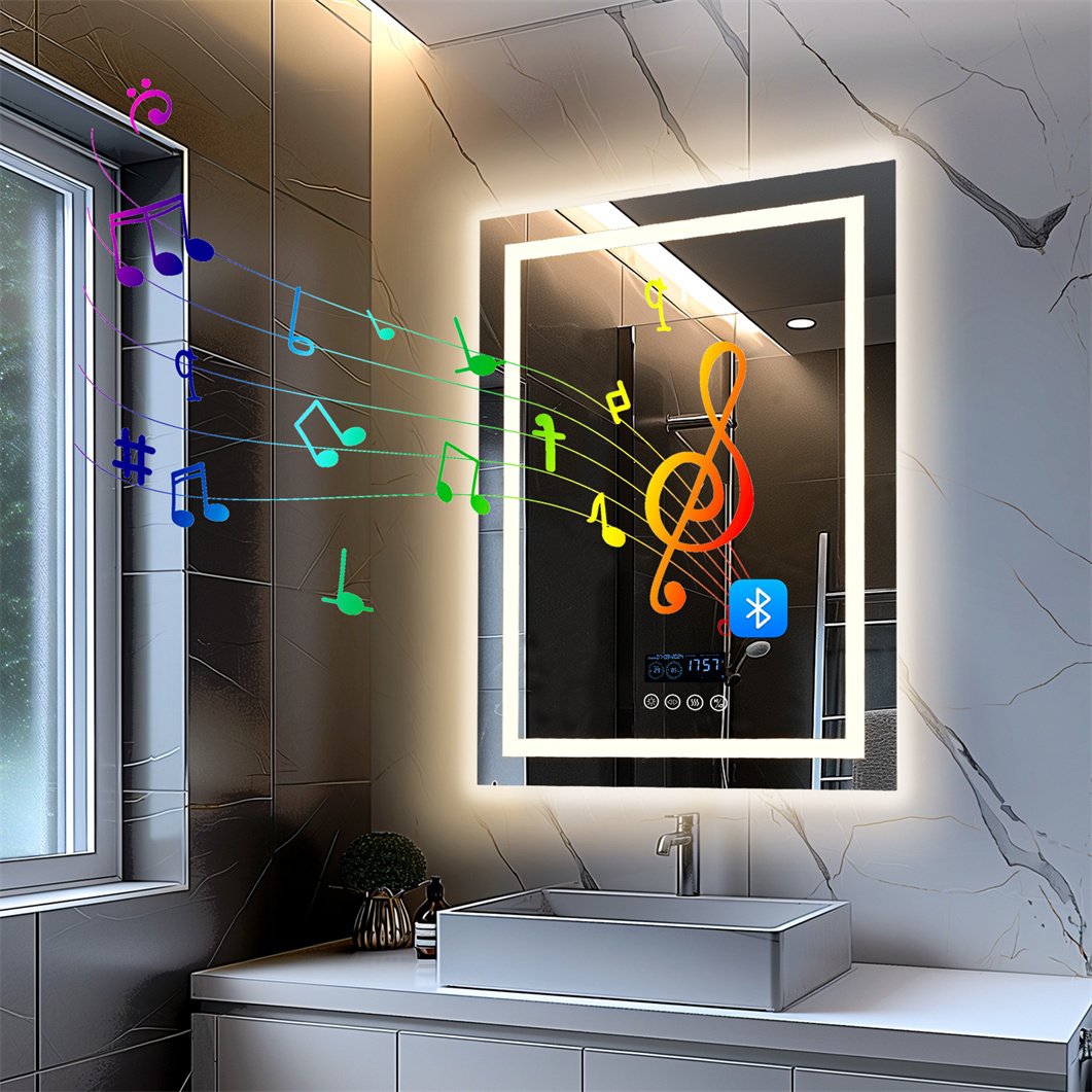 WISFOR Lustro łazienkowe LED z głośnikiem Bluetooth, lustro łazienkowe 70×90 cm z oświetleniem w 3 kolorach, lustro ścienne LED z funkcją ściemniania, bezmgielne