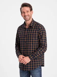 Męska flanelowa koszula w kratę SLIM FIT - granatowo-pomarańczowa V1 OM-SHCS-0145 - Ombre Clothing - Koszule męskie - miniaturka - grafika 1