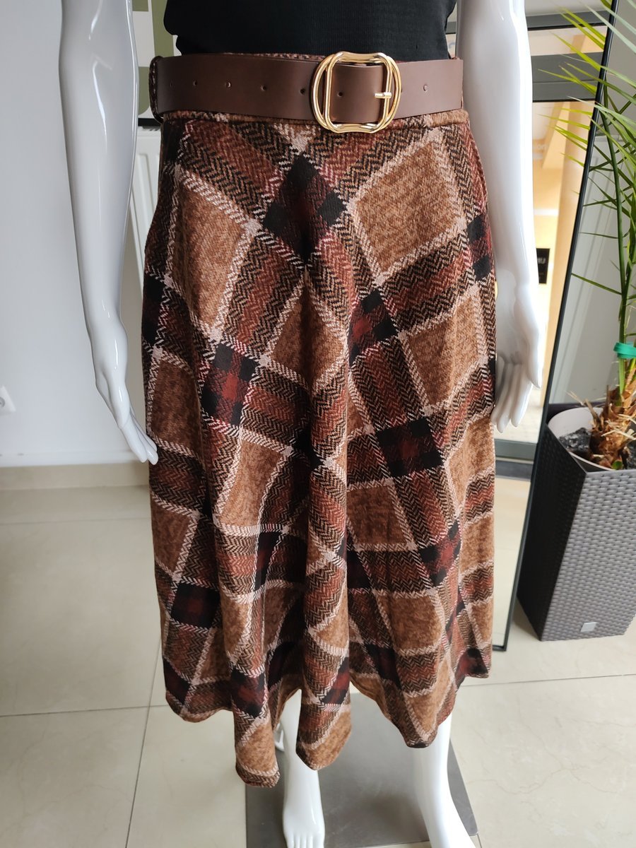 Wiskozowa spódnica w kratę z eco paskiem - brązowy One size