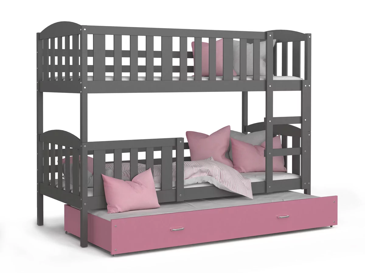 Łóżko piętrowe 200x90 szare różowe KUBUŚ 3-osobowe