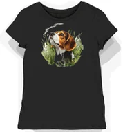 Koszulki i topy damskie - Koszulka damska czarna z motywem trójkolorowego beagle na łące XXL - miniaturka - grafika 1