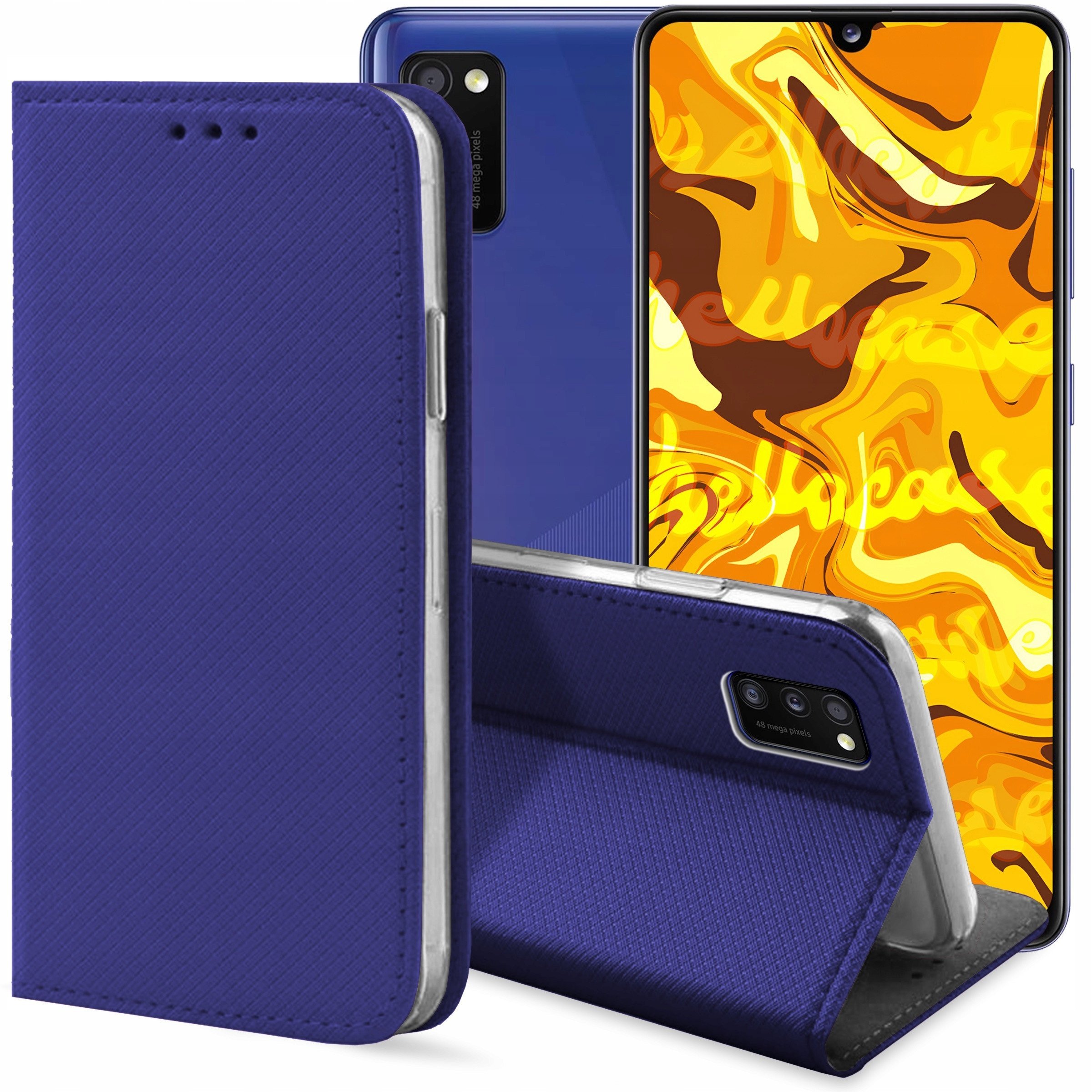 ETUI Z KLAPKĄ DO SAMSUNG GALAXY A41 GRANATOWE ZAMYKANE MAGNETYCZNE KABURA