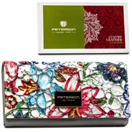 Portfele - Rozbudowany duży portfel damski z lakierowanej skóry naturalnej szary z kolorowym motywem PETERSON pojemny na katy i gotówkę pudełko na prezent ochr.. - miniaturka - grafika 1