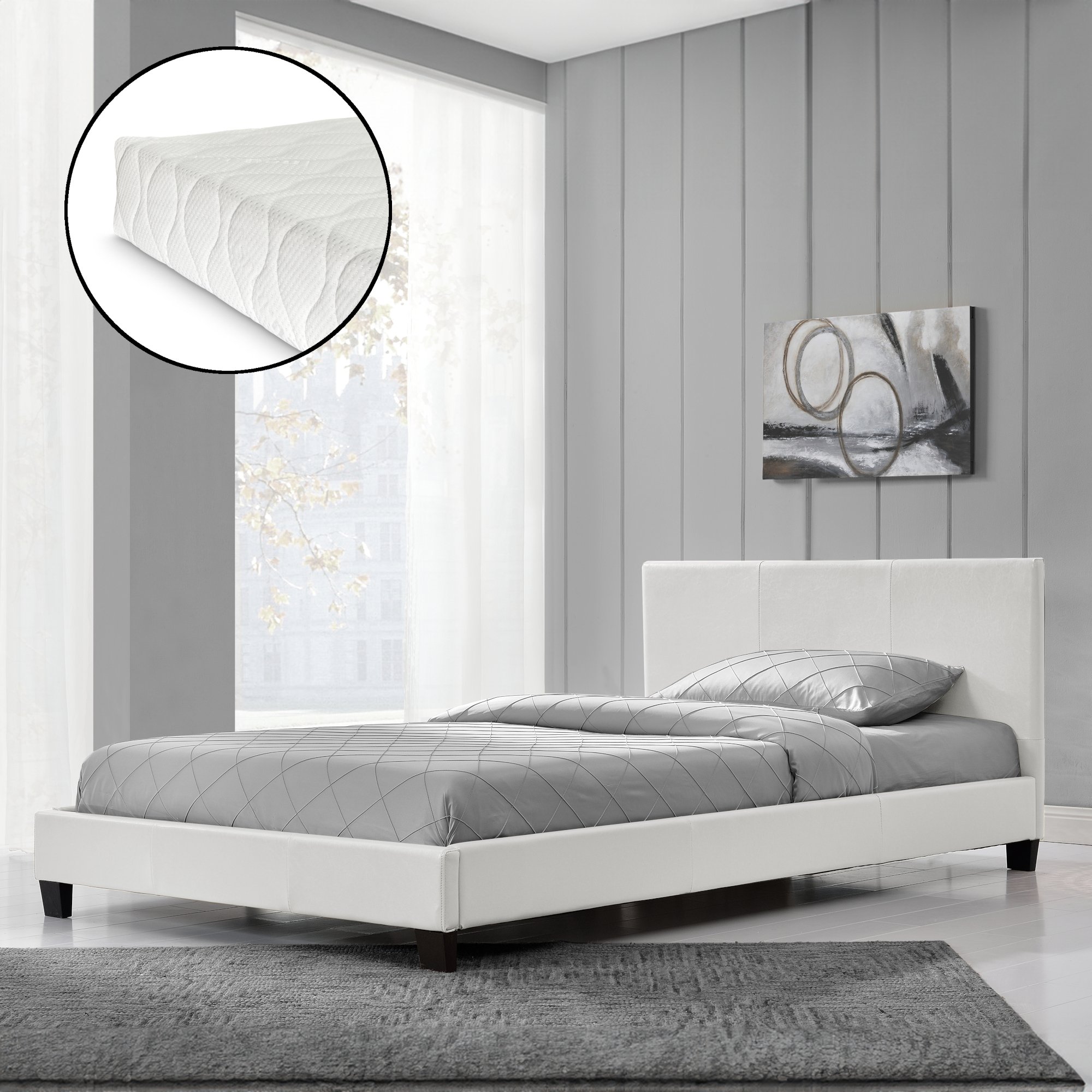 Designerskie łóżko tapicerowane + materac 140 x 200 cm ze sztucznej skóry białe łóżko podwójne CORIUM