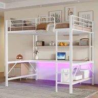 Łóżka dla dzieci i młodzieży - Łóżko piętrowe 140 x 200 cm, barierka, drabinka, z portem USB i gniazdkiem elektrycznym, z oświetleniem LED, bez materaca, metalowe, białe - miniaturka - grafika 1