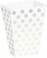 Urodziny dziecka - Pudełka na popcorn białe w srebrne kropki - 8 szt. - miniaturka - grafika 1
