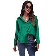Koszule damskie - Clotth Damska koszula z długim rękawem z satynowego jedwabiu Button Down Shirt, zielony-l, L - miniaturka - grafika 1