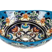 Umywalki - Meksykańska ceramiczna umywalka nablatowa z reliefem La Reina Prima – owalna umywalka meksykańska 46 x 38 x 15 cm Zlew nablatowy Talavera - miniaturka - grafika 1
