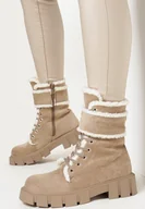 Botki damskie - Ciemnobeżowe Botki Workery z Futerkiem Kyame - miniaturka - grafika 1