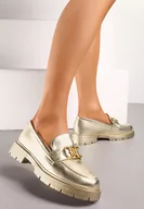 Mokasyny damskie - Złote Eleganckie Mokasyny Ozdobione Klamerką i Przeszyciem z Przodu Nastra - miniaturka - grafika 1