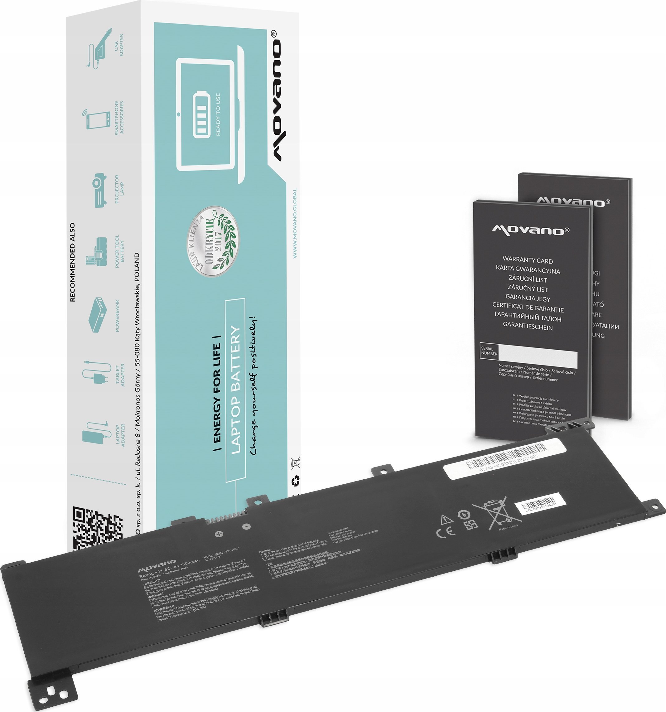 Bateria Movano Bateria B31N1635 do Asus Vivobook 17 A705 N705 X705 Pro