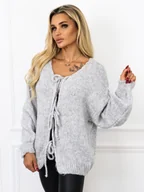 Swetry damskie - SWETER OVERSIZE Z WIĄZANIEM - SZARY - Olika - miniaturka - grafika 1