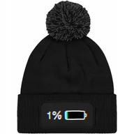 Czapki damskie - Czapka Czarna z Pomponem 1% LOW BATERY Zimowa Na Prezent Wzory - miniaturka - grafika 1