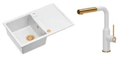 Zlewozmywaki z baterią - Quadron Unique Zlewozmywak granitowy jednokomorowy 78*50*22 cm z ociekaczem MORGAN 111 SNOW WHITE z syfonem Push-2-Open w kolorze miedzianym z baterią ANGELINA Q LINE SNOW WHITE z wyciąganą wylewką kolor biały mat/wykończenie miedź - miniaturka - grafika 1