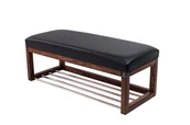 Ławki do przedpokoju - Ławka na buty LPG-4 150cm EMRAWOOD drewno lite kolor orzech siedzisko gładkie ekoskóra kolor czarny - miniaturka - grafika 1