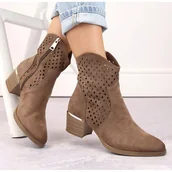 Botki damskie - Zamszowe botki damskie kowbojki ażurowe brązowe Vinceza 58239 - miniaturka - grafika 1