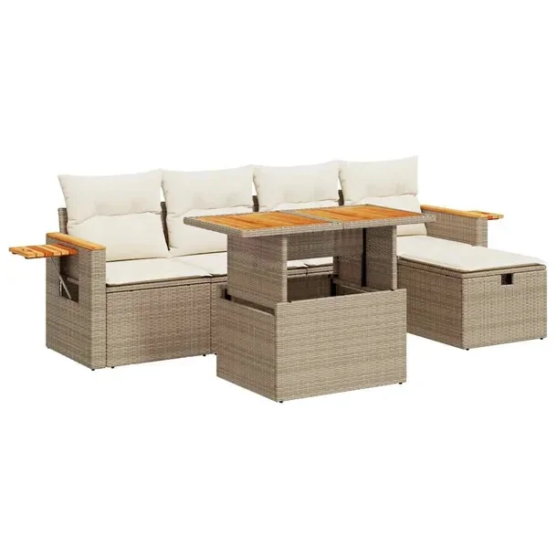 Zestaw Wypoczynkowy z Rattanu PE: Sofa, Stół, Podnóżek, Beżowy, 62x62x