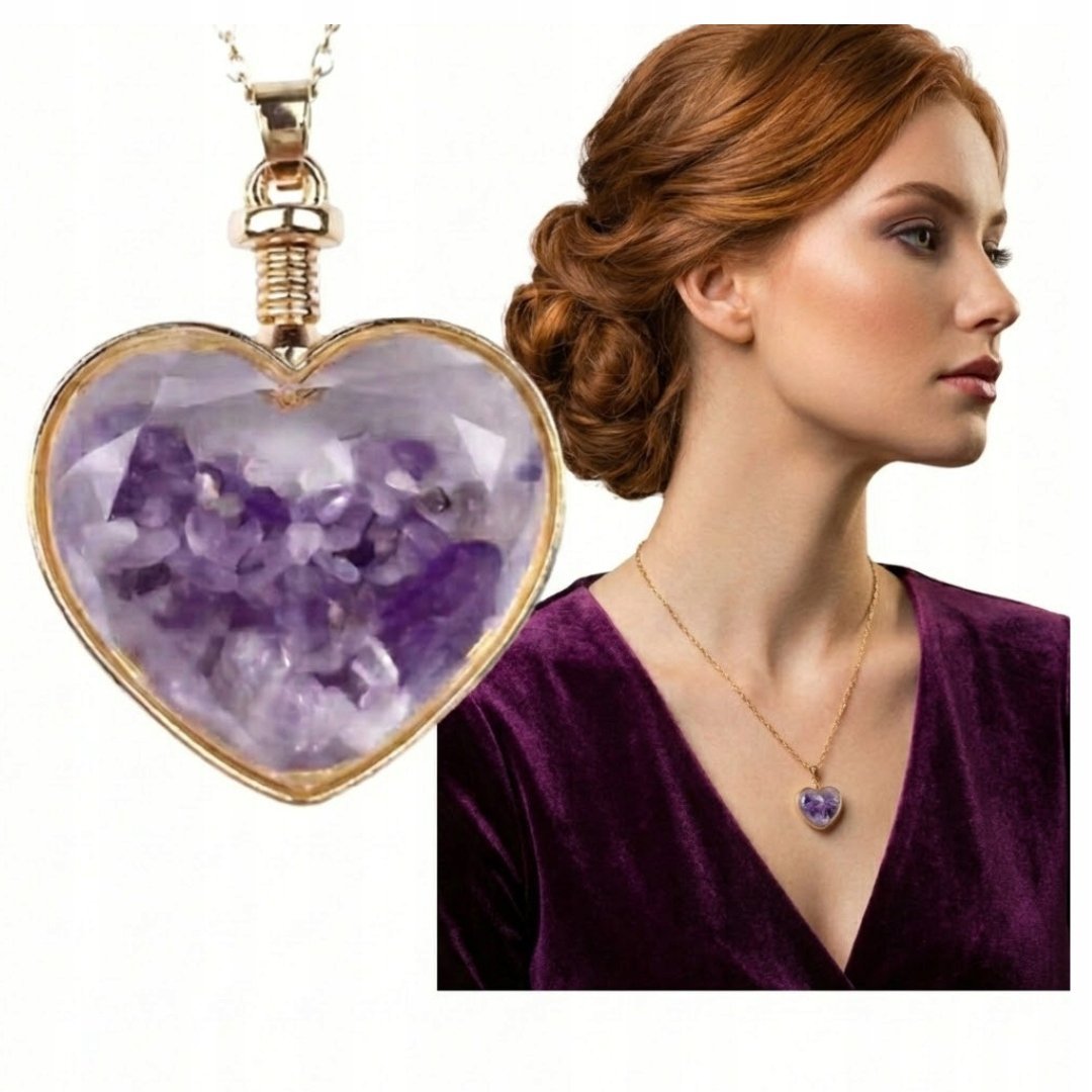 Naszyjnik Serce Ametyst Fioletowy Elegancki Amulet Prezent