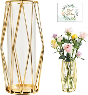 Geometryczny metalowy stojak, dekoracyjny wazon, złoty wazon 27 cm, geometryczny metalowy wazon, szklany wazon do hydroponicznych roślin i kwiatów, .. - Wazony i flakony - miniaturka - grafika 1