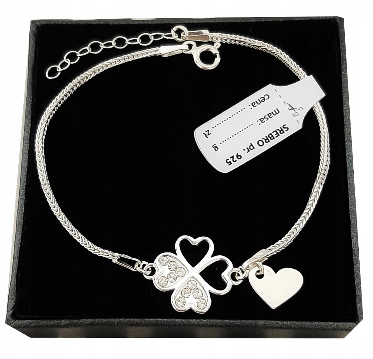 Srebrna bransoletka koniczynka SERCE kr.Swarovski