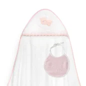 Okrycia kąpielowe dla dzieci - Okrycie kąpielowe 100x100 Miś na księżycu różowy ręcznik z kapturkiem + śliniaczek - miniaturka - grafika 1