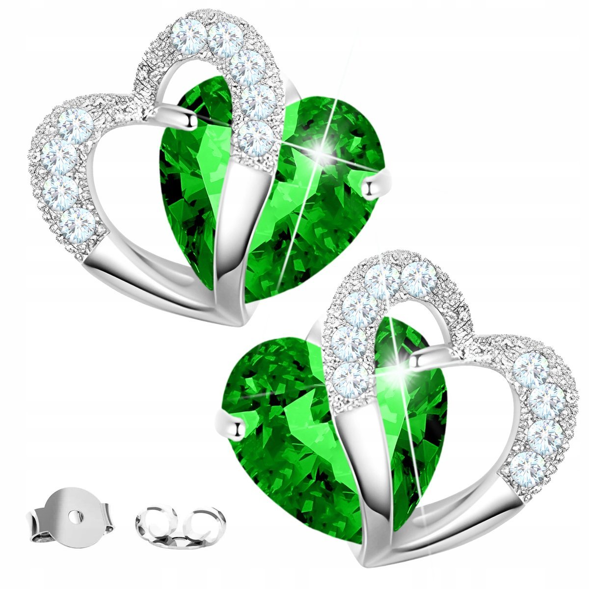 Kolczyki Srebrne z Zielonym Sercem Zielone Serca z Cyrkoniami SREBRO 925