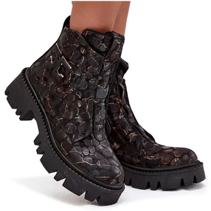 Skórzane Botki Damskie Z Ozdobą Ocieplane Artiker 57C2084 Czarno-Złote-37 - Botki damskie - miniaturka - grafika 1