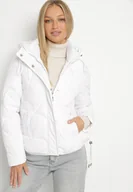 Kurtki damskie - Biała Pikowana Kurtka z Kapturem i Bocznymi Zdobieniami Ollenea - miniaturka - grafika 1
