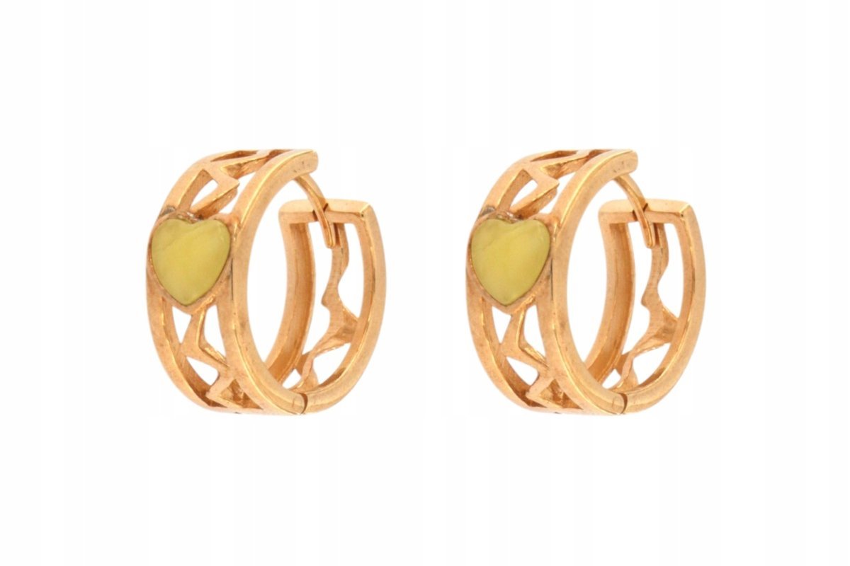 Kolczyki okrągłe serca srebrne 925 pozłacane z bursztynem mlecznym ażurowe