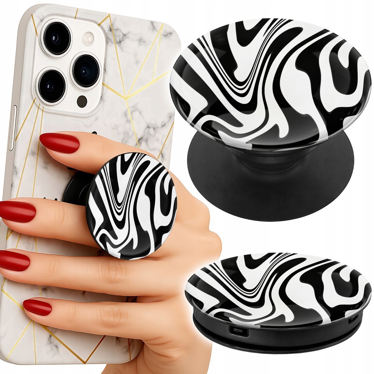 Uchwyt do telefonu Popsocket na palce/stojak CZARNO BIAŁA ABSTRAKCJA