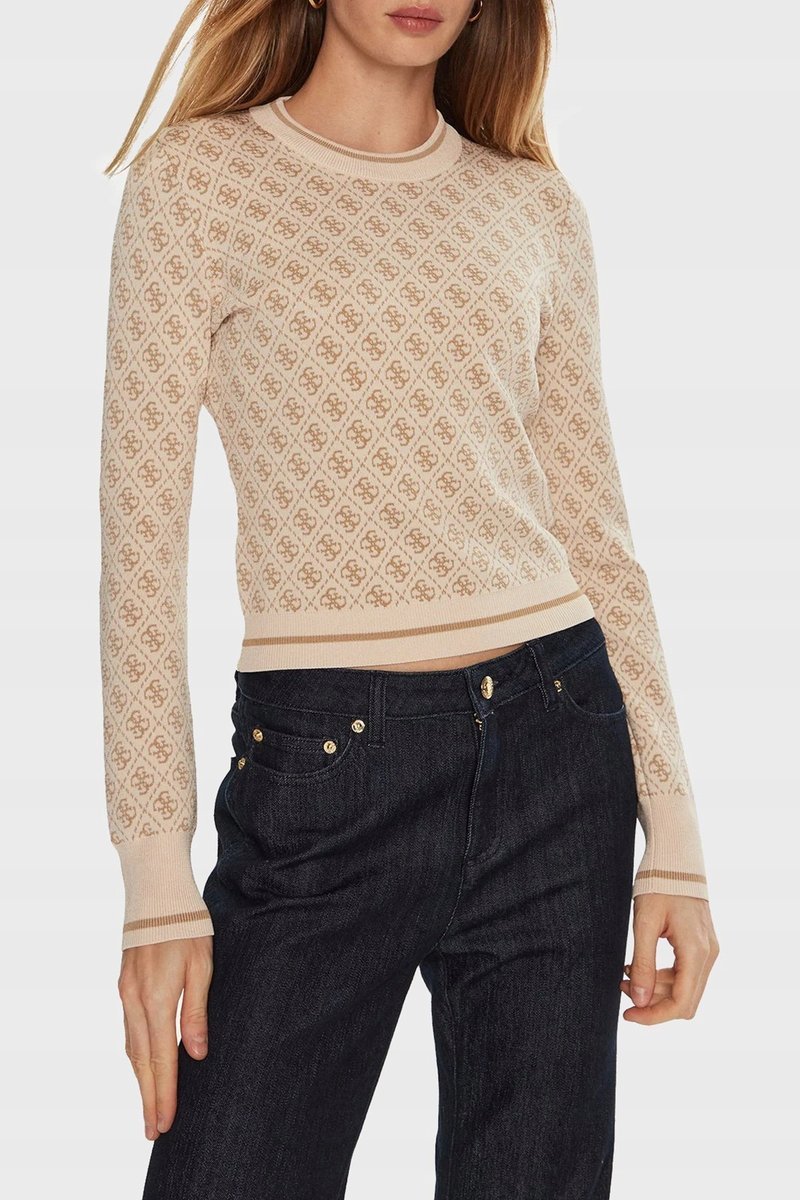 GUESS BEŻOWY SWETER DAMSKI WZÓR LOGO Z DŁUGIM RĘKAWEM M 1GŁA