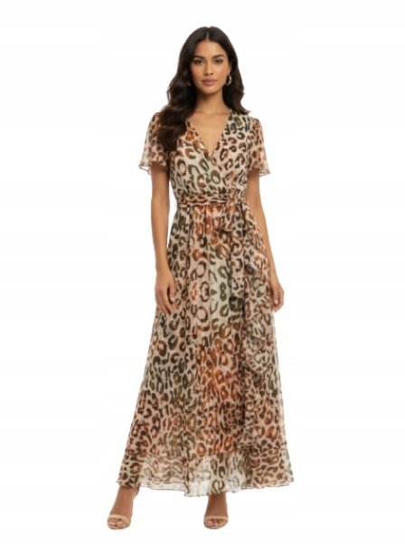 GUESS SUKIENKA MAXI WZÓR LAMPARTA Z KRÓTKIM RĘKAWEM M GXA