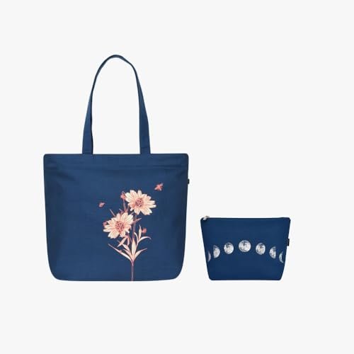 Ecoright duża torba płócienna dla kobiet, zapinana na zamek błyskawiczny, wewnętrzna kieszeń na zakupy, do biura i na co dzień (tote & Cosmetic Pouch), Happy Flower & Moongazing, jeden rozmiar,