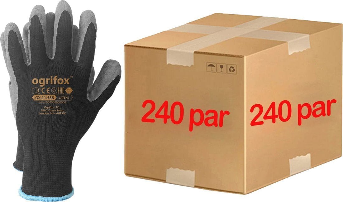 Ogrifox Rękawice robocze / Czarne / OX-LATEKS_BS - 240 Par 10 - XL